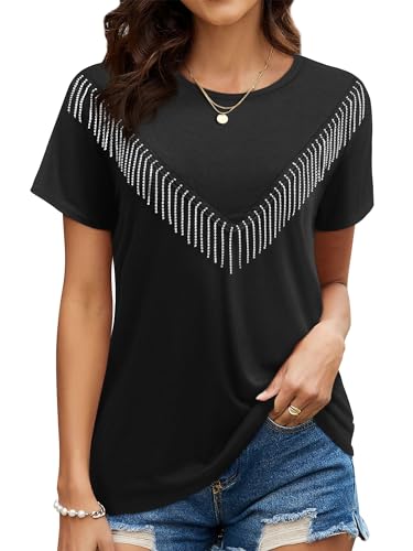 Womens Sparkly Rhinestone Fringe Tshirts Western Glitter Tassel Country Concert Outfits Sparkle Disco Cowgirl Tops