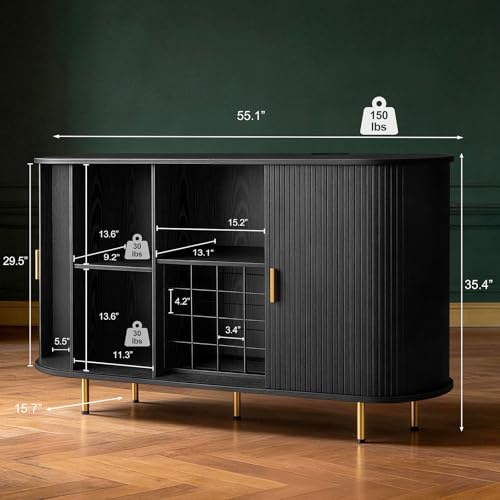 Image of DHH 55 inch Wine Bar Cabinet with Storage, Fluted Liquor & Coffee Bar Cabinet with Wine Rack and Glass Holder, Buffet Sideboard with LED Lights for Home Kitchen Living Dining Room (Black)