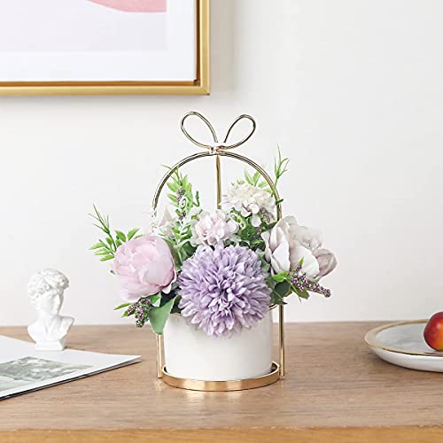 Hobyhoon Künstliche Blumen im Topf, Unechte Deko kunstblumen wie echt Gefälschte Hortensien seidenblumen für Hochzeitsdeko, Tischdeko, Wohnzimmer, Schlafzimmer, Zimmer Deko (Marmortopf - Pink)