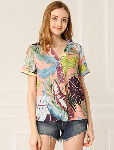 Allegra K Women's Hawaiian Shirts Floral Top Leaves Printed Short Sleeve Tropical Button Down Shirt Xs-3Xl Medium Pink #TOP2