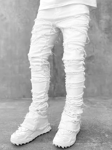 Men's Regular Fit Stacked Jeans Ripped Skinny Distressed Destroyed Straight Denim Pants Streetwear3