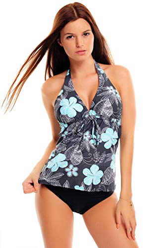 Eleganter Neckholder/Bandeau Push Up Tankini mit Hotpants/Bikinihose/Träger verstellbar f3075 Farbe: Grau geblümt A(1047), Gr. 40