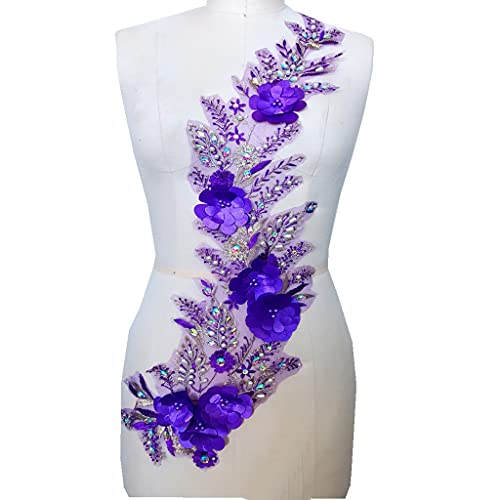TXUKK Broderie de Fleurs tridimensionnelles 3D Patchs de Dentelle Violette Perles Strass Applique pour Robe de mariée 66 * 22cm