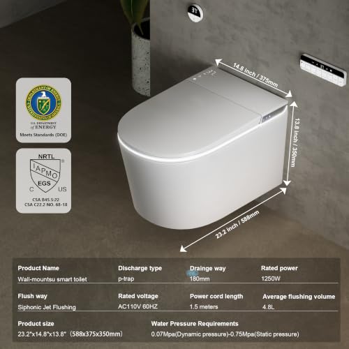 Image of #G837 Luxury Wall Hung Smart Toilet Combo, Elongated Smart toilet, Built in Bidet Seat, Auto Flush, Auto Open /Close Lid, Heated Seat, Warm Water /Dryer,White (Include In-Wall Frame Bracket)
