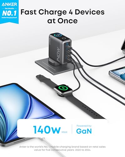 140W USB C Charger, Anker Laptop Charger, 4-Port Multi-Device Fast Charging, Advanced GaN Power Adapter, Intuitive Touch Controls, Compatible with MacBook, iPhone 17 Series, Samsung, Pixel, and More - Image 3