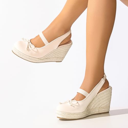 Women's Wedge Heel Canvas Sandals with Closed-Toe Design, Elastic Ankle Strap & Bow Accent, Summer Casual Dress Shoes for Comfortable Outdoor Wear2