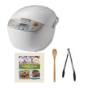 Zojirushi Micom Rice Cooker and Warmer (10-Cup/Beige) Bundle with Cookbook, Kitchen Tongs (Stainless Steel, Black) and 15-Inch Bamboo Spoon (4 Items)
