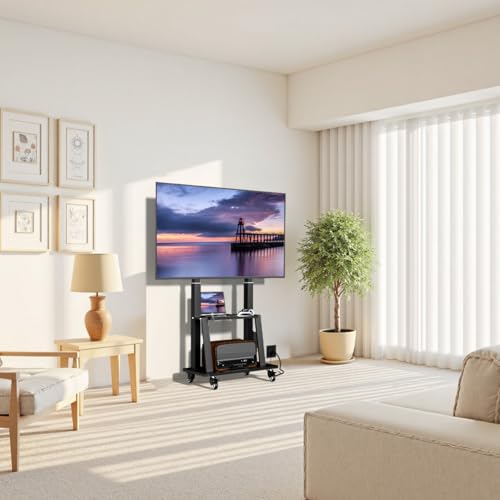 Image of Mobile TV Cart with Power Outlet, Rolling TV Stand on Wheels for 32 to 65 70 75 83 inch TV, Height Adjustable,Holds up to 130LBS, Vesa 600x400mm.