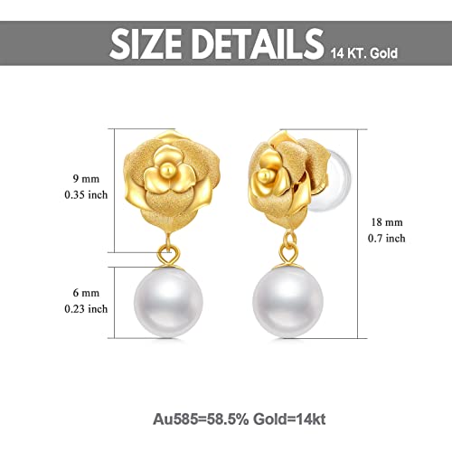 18Kt Solid Gold Pearl Earrings For Women, Real Gold Rose Flower Stud With Freshwater Pearl Dangle Jewelry Anniversary Present For Her, Wife, Mom, Girlfriend #TOP4