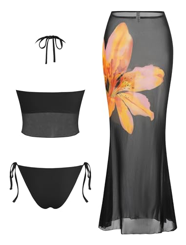 Image of ZAFUL Women 3 Piece Bikini with Cover Up Skirt Halter Bandeau Swimsuit Floral Tie Side Cheeky Bathing Suit