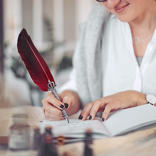 Image of SHUTTLE ART Vintage Carving Feather Pen Set, Glittering Quill Pen Set Antique Calligraphy Writing Dip Pen with Ink, Pen Stand Base, Luxury Vintage Signature Pen