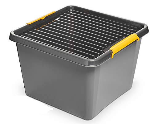ORPLAST 6 x Solid Store Box 32 Litres with Lid/Clips - 39 x 39 x 26 cm - Grey