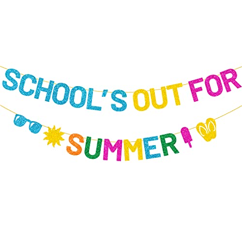 JOZON Colorful Glittery School's Out for Summer Banner with Sunglasses Sun Popsicle Slippers Signs End of School Year Summer Vacation Banner Garland Beach Pool Splash Bash Summer Vacation Decorations
