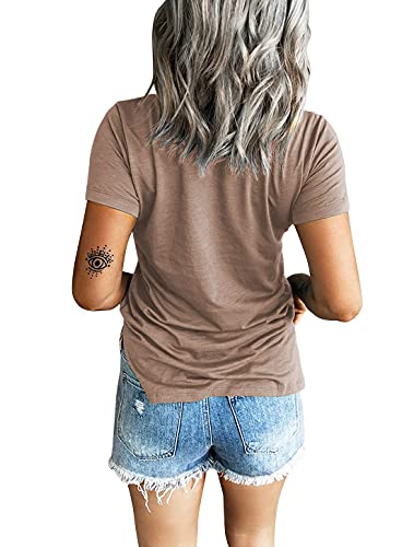 Sunborui Women's Summer Short Sleeve V Neck T Shirts Pocket Solid Loose Casual Tee Tops (Brown, Medium) #TOP1