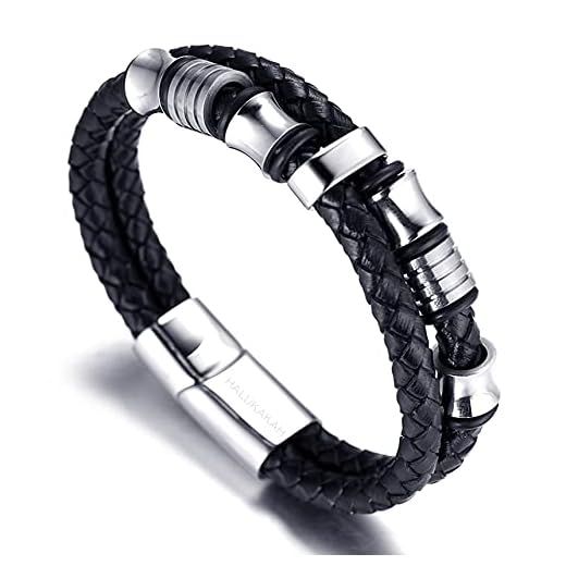 Halukakah ● Solo ● Homme Bracelet en Cuir Véritable de Main Fermoir Magnétique en Titane Acier 8.46"(21.5cm) avec Le Boîte-Cadeau Gratuit