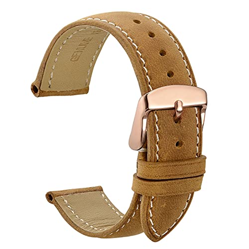 WOCCI 22mm Vintage Leren Horlogeband met Roségouden Gesp, Vervangende Band (Lichtbruin met Beige Stiksels)