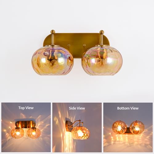 Image of Brushed Gold Vanity Light Amber Hammered Glass Wall Sconce 2-Light Brass Wall Lamp for Hallway Living Room Stairwell Bathroom Over Mirror