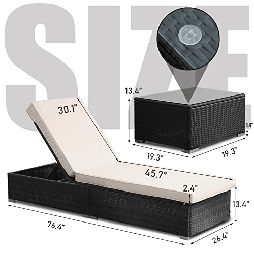 Soarflash 3 Piece Wicker Chaise Lounge Set, Outdoor Patio Lounge Recliner Chair With Adjustable Backrest, Coffee Table For Garden Yard Poolside,Beige #TOP2