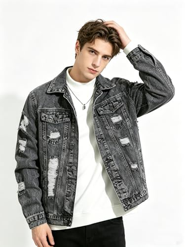 Image of Men's Denim Jacket Patchwork Fringe Jacket Slim Jean Jacket Streetwear Coat