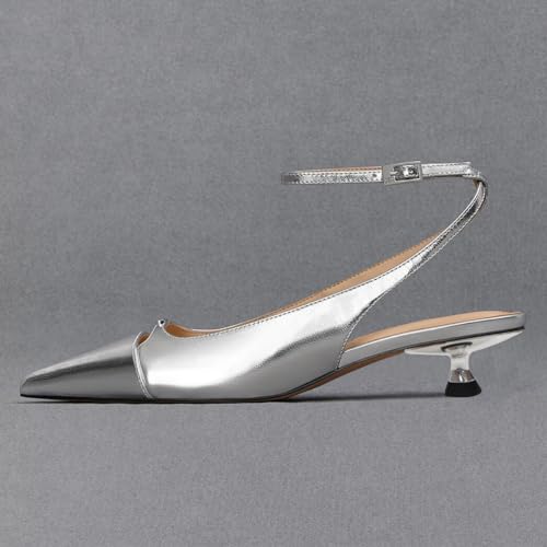 FSJ Women Kitten Low Heel Ankle Strap Pumps Closed Pointed Toe Slingback Flat Sandal Elegant Working Office Party Wedding Dress Shoes Size 4-16 US2