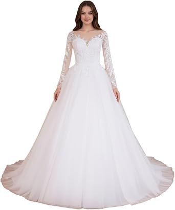 Elegant A line Wedding Dress Long Sleeve Lace Applique Bride Dress lace up with Long Train AL-VL-240112