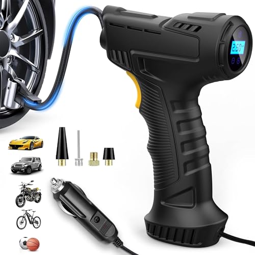 Suitu Car Tyre Tire Wired Inflator, Cigarette Socket Wired Electric Tyre Pump, Vehicle Air Compressor, 12V 150PSI, Digital with LED Light and 3 Nozzle Adaptors for Car Motorcycle Bicycle