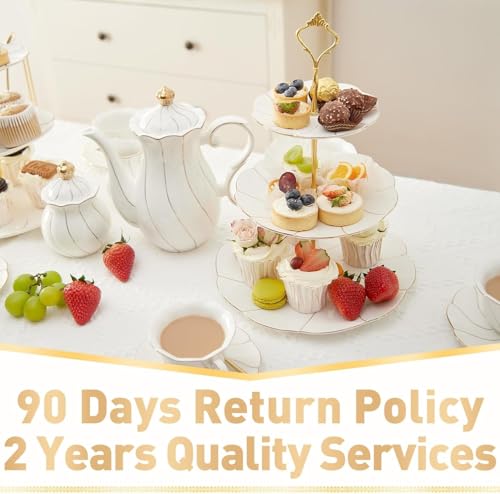 DUJUST Luxury Larger 3-Tier Cupcake Stand Tower, British Style Porcelain Serving Tray with Golden Trim, Food Grade Dessert Display Stand for Tea Party & Home Décor - 45% Larger Plates - Image 7
