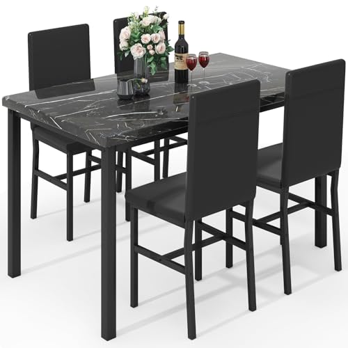 Hooseng Dining Table Set for 4, Modern Kitchen Table Chairs Set of 4, Faux Marble Dining Room Table Set with 4 PU Leather Chairs, 5 Piece Dining Table Set for Small Space, Apartment, Dinette, Black