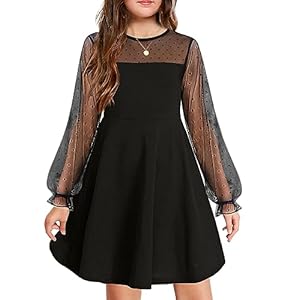 Arshiner Girl’s Contrast Mesh Puff Long Sleeve High Waist A Line Short Dress with Pockets for 6-13 Years
