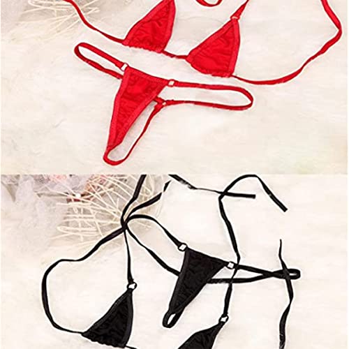 [harukita] ブラック＋レッド 4点セット 極薄 水着風 セクシーマイクロビキニ 極小マイクロ水着コスプレ コスチューム 紐パン 紐 ホルタ―ネック ミニブラ*2 +ビキニ Tショーツ*2 パンティー 下着 - 画像5