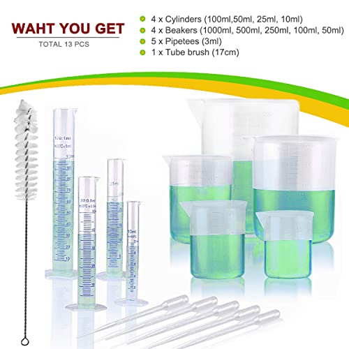 Verdenu 15 PCS Plastic Graduated Cylinders and Beakers Set with 5 Transfer Pipettes and 1 Test Tube Brushes Science Measuring Lab Test Tube Flask Liquid Measuring Tools