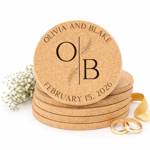 Set of 30-100 Personalized Cork Coasters | Customized Wedding Intital
