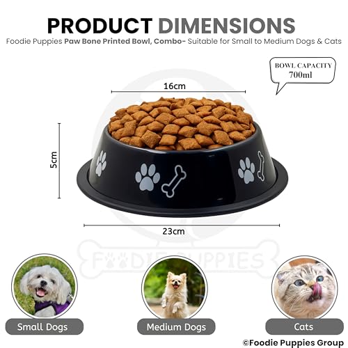 Image of Foodie Puppies Stainless Steel Dog Bowl Combo - (Medium, 700ml) Food and Water Feeding Gift Bowl | Suitable for Dogs, Cats and Other Pets I Paw Bone Print, Anti-Skid Rubber Base (Black + Yellow)