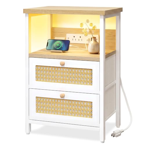 Image of Fixwal Night Stand with Charging Station, Led Nightstand, 2 Fabric Drawers