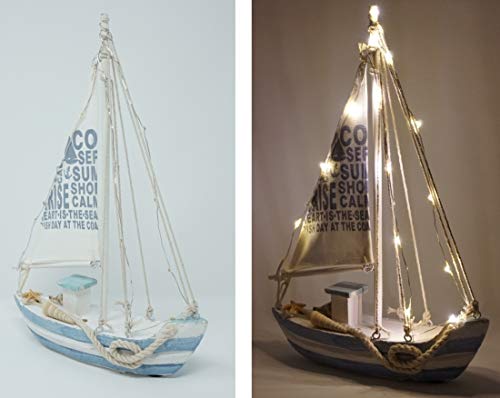 Deko Holz Segelschiff 28 x 21 cm Segelboot mit Beleuchtung 13 LEDs Shabby Segel Boot