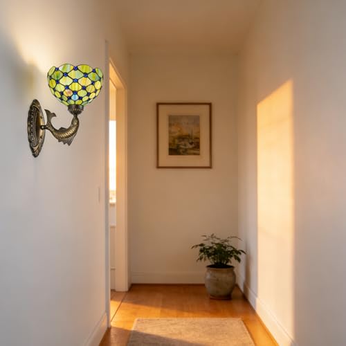 Image of Tiffany Wall Sconce 8 inch Gradient Green Stained Glass Wall Light Antique Bronze Vintage Art Deco Wall Lamp for Bedroom Hallway Living Room Home Office