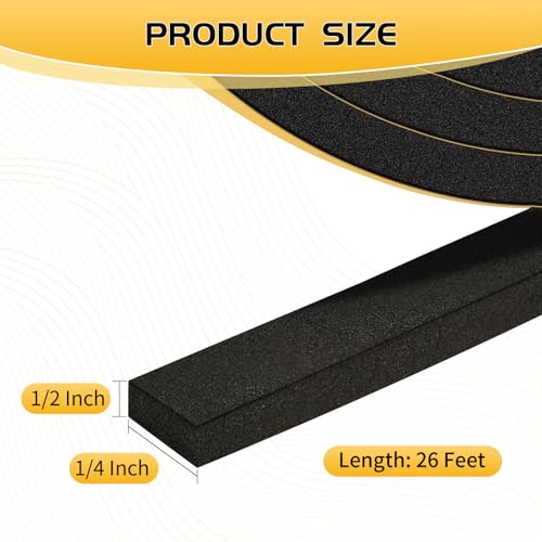Bonison Weather Stripping - 1/2\" x 1/4\" x 26Ft High Density Foam Insulation Tape Door Seal Strip, Self Adhesive Soundproof Gap Filler for Doors, Windows, Sliding Door and AC Units(Black)