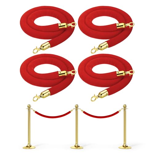 PATIKIL 5 Feet Red Velvet Stanchion Rope, 4 Pack Crowd Control Barrier Rope with Snap Hooks for Posts Stands Queue Divider of Hotel Theater, Golden