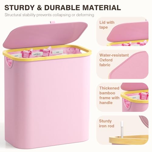 Hampers for Laundry Basket with Lid, 145L Extra Large 3 Section Clothes Divided Organizer for Bedroom, Laundry Room, Dirty Clothing Hamper, Pink