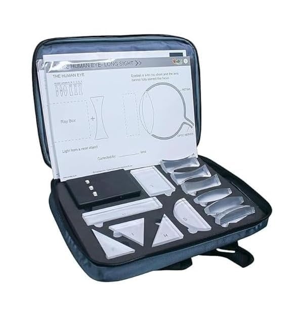 Light and Optics Class Demo Kit, 12 Acrylic Lenses, Ray Box with 3 Light Beams, Physics Learning Set with Practice Sheets, Ages 14+