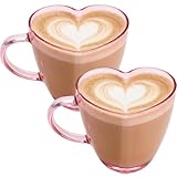 Potchen 4 Pcs Valentine Heart Shaped Glass Coffee Mugs Galentine's Day 17oz Pink Clear Glass Cups with Handle for Coffee Tea Latte Hot Chocolate Heart Mug for Valentine's Day Anniversary Wedding Gift