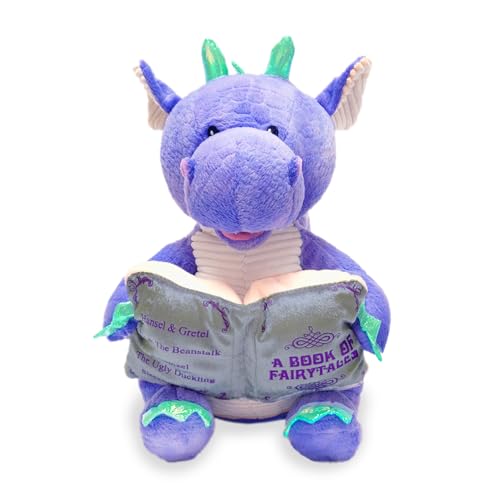 Image of Cuddle Barn | Dalton The Storytelling Dragon with Light Up Book - Animated Stuffed Animal Plush Toy | Mouth Moves, Head Sways | Recites 5 Fairy-Tales - 11" Height