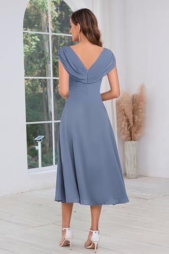 SOLODISH Mother of The Bride Dresses for Wedding Tea Length Chiffon A Line Formal Wedding Guest Party Gown3