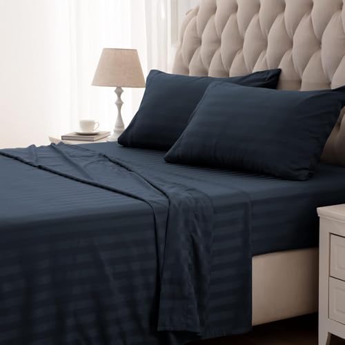 Image of SLEEP ZONE Striped Cooling Twin Sheets Set for Kids - Fitted Flat Sheet & Pillowcase Sets 3 Piece - Super Soft Stripe Bed Sheet, Easy Care, Deep Pocket (Navy Blue, Twin)