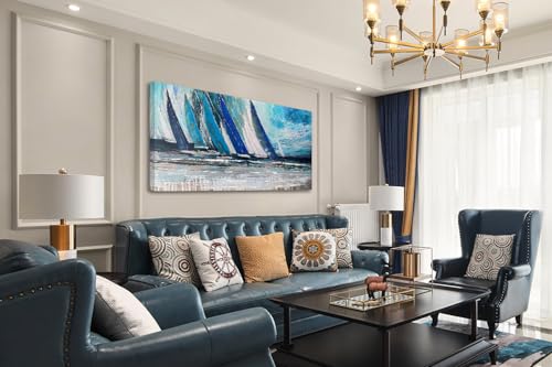 Arjun Blue Abstract Wall Art Canvas for Living Room Teal Ocean Sailboat Textured Bedroom Picture Modern Turquoise Coastal Nautical Painting Framed Artwork Home Office Wall Decor, Extra Large 58"x29" - Image 4