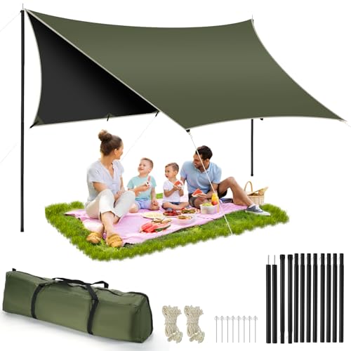 LYtech 10 * 10ft Camping Tarp with Poles Waterproof Camping Tarp Heavy-Duty Vinyl Material Portable Lightweight Windproof Snowproof Ripstop Camping Shelter Anti-UV for Camping Travel Outdoor Hammocks