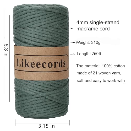 Fil coton macramé robuste 4mm vert sauge pour suspensions lourdes