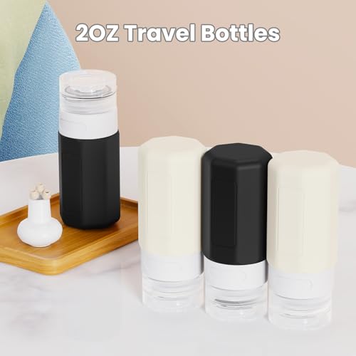 Ruinovate 2 oz Travel Bottles, Small Travel Size Containers, TSA Approved Silicone Travel Toiletries Bottles, Shampoo and Conditioner Travel Kit for Women (Black-white)
