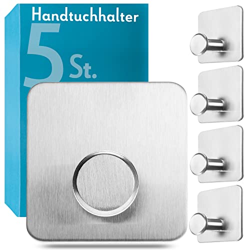 Menz Handtuchhalter ohne Bohren - 5 Stück Edelstahl Haken selbstklebend mit 3M-Klebepads - 100% feuchtraumtauglich, Klebehaken ideal als Handtuchhaken Cover