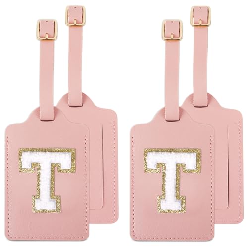2 Pack Initial Luggage Tags TSA Approved Pink Leather